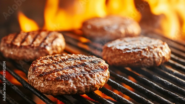 Fototapeta Close-up of beef patties grilling over open flames on a barbecue.