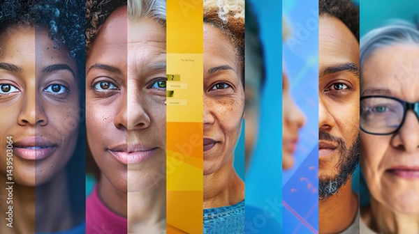 Fototapeta This image features a group of people wearing glasses, with their faces partially overlaid by a digital, futuristic interface. The background is filled with abstract, technological graphics, suggestin