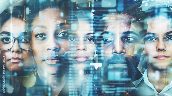 Fototapeta This image features a group of people wearing glasses, with their faces partially overlaid by a digital, futuristic interface. The background is filled with abstract, technological graphics, suggestin