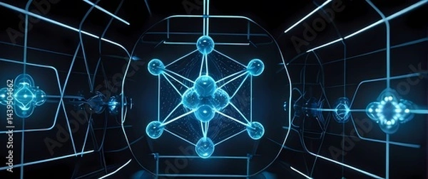 Obraz Molecular diagrams rendered with neon glowing nodes and dark tech inspired grids. Extremely detailed high resolution illustration.