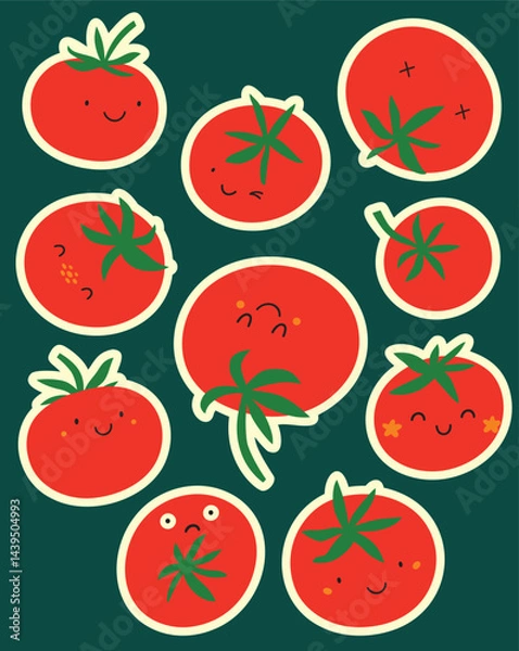 Fototapeta Sticker set of red tomatoes with cute cartoon faces. Doodle style