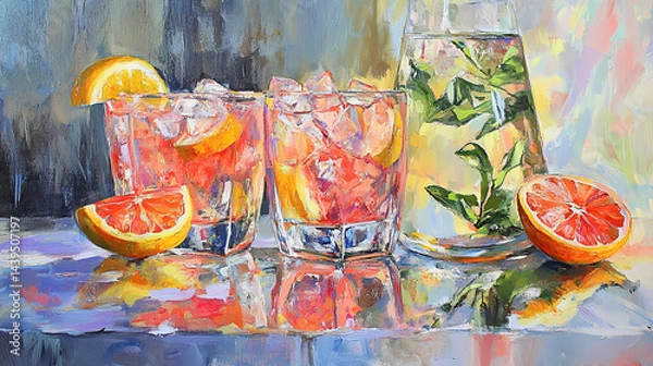 Fototapeta This refreshing image showcases a vibrant assortment of sliced fruits, including grapefruit, lime, lemon, and berries, all set against a backdrop of shimmering ice cubes. The colorful array of fruits 