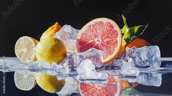 Fototapeta This refreshing image showcases a vibrant assortment of sliced fruits, including grapefruit, lime, lemon, and berries, all set against a backdrop of shimmering ice cubes. The colorful array of fruits 