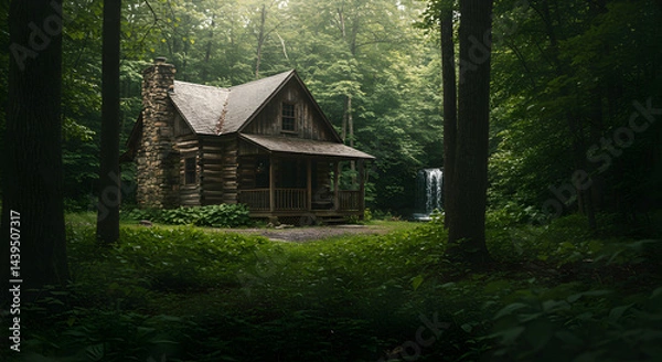 Fototapeta Secluded Rustic Cabin Retreat In Lush Woodland With Waterfalls Serenity