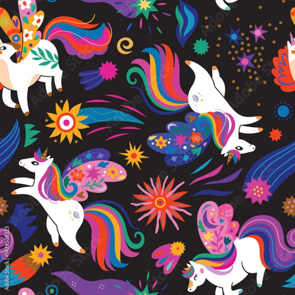 Fototapeta Seamless pattern with magic unicorns, comets and stars in the night. Vector illustration in vibrant colours