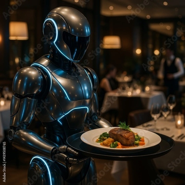 Fototapeta A futuristic robot server delivering food in a stylish, modern restaurant setting.