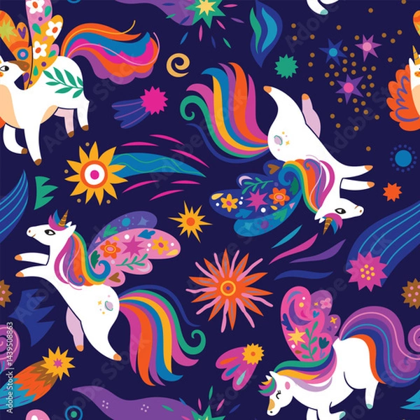 Fototapeta Seamless pattern with magic unicorns, comets and stars. Vector illustration in vibrant colours