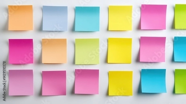 Fototapeta Colorful sticky note arrangement on a white wall for creative brainstorming and organization