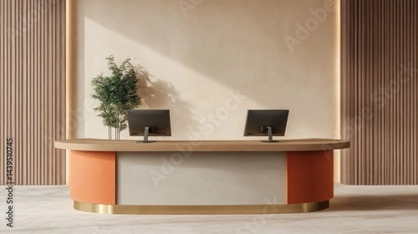 Fototapeta Modern reception desk, office lobby, sunlight, minimalist design, corporate workspace