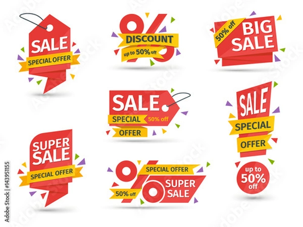 Fototapeta Set of red colored stickers and banners. Big set of beautiful discount and promotion banners. Advertising element. Sale banner tag. Geometric shapes and confetti. Vector illustration.