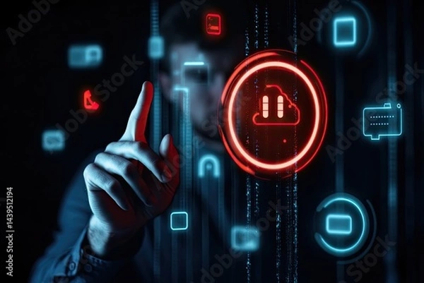 Obraz Cloud-based audio file management.  Interactive digital interface with a hand selecting a cloud icon, representing audio file storage and access