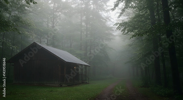 Fototapeta Secluded Cabin Retreat Amidst The Mystical Woods With Heavy Fog Scenery