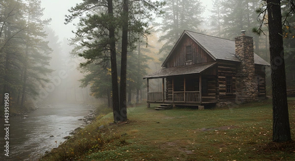 Fototapeta Secluded Cabin Retreat Amidst The Tranquil Forest And Misty Riverbank