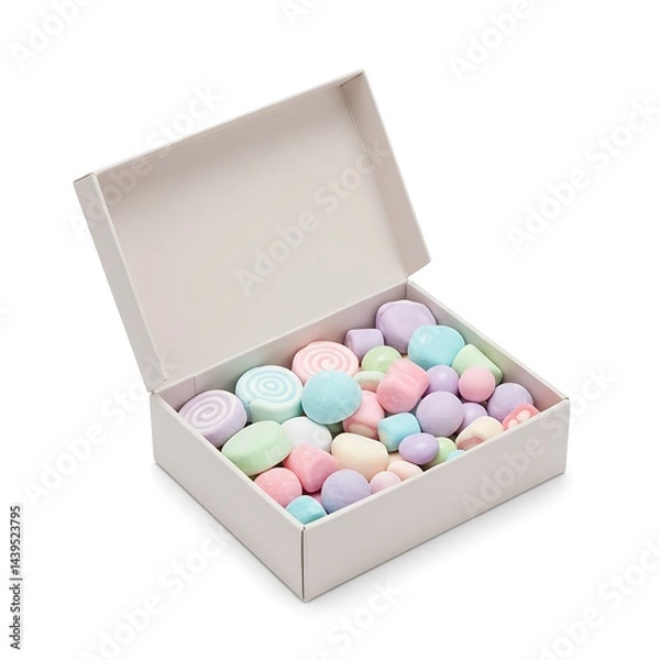 Fototapeta Open candy box with assorted pastel sweets inside, isolated on white background