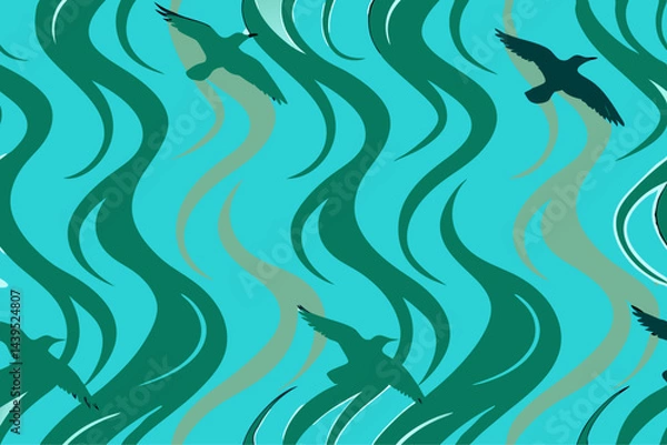 Fototapeta Fluid Gradient Design with Birds in Turquoise Background  