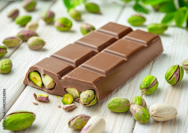Fototapeta Dubai chocolate bar broken with pistachio filling on wooden table, popular luxury chocolate snack.Macro.AI Generative.