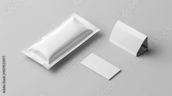 Obraz Blank packaging mockups pouch, tent card, and business card on grey background; for branding design