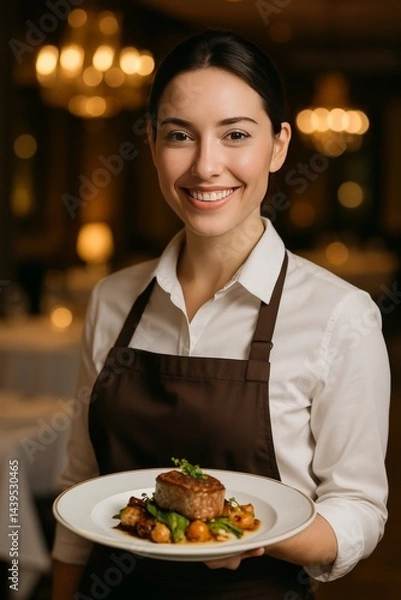 Fototapeta A confident female restaurant server in a modern upscale dining setting, holding a gourmet dish on a fine china plate.