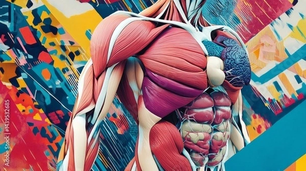 Fototapeta A digital artwork of a human torso with muscles and organs depicted as abstract shapes and forms, AI Generative.