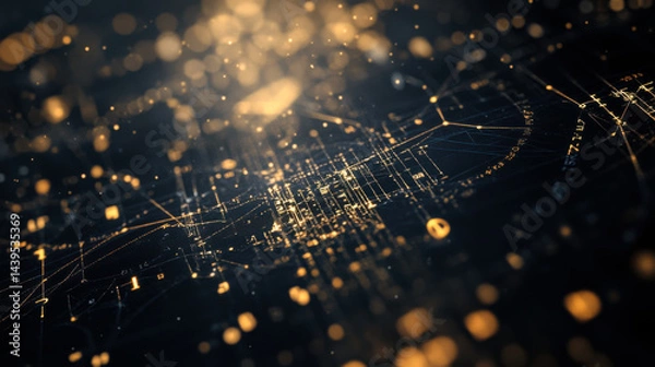 Fototapeta Digital network visualization with glowing nodes and connections conveying data flow at night