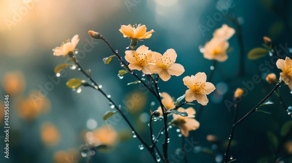 Fototapeta Cherry blossoms glisten with raindrops amidst a serene spring background in the morning light