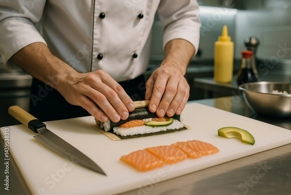 Fototapeta A close-up shot of a chef preparing sushi in a high-end kitchen.