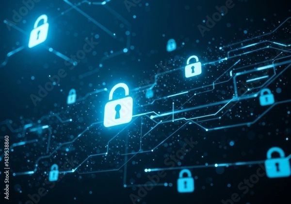 Fototapeta Cyber security concept with glowing padlocks and network connections