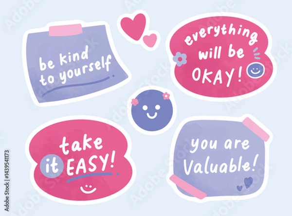 Fototapeta Be kind to yourself sticker set collection. Hand drawn vector illustration for design, project