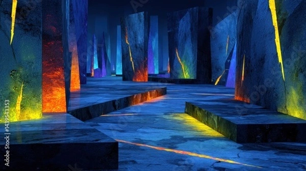 Fototapeta Surreal underground space with illuminated colorful stone walls and mysterious glowing pathways at night