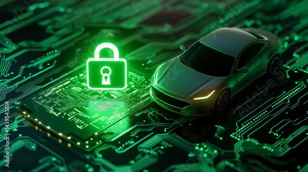 Fototapeta Vehicle Data Privacy and Cyber Protection Depicted on Futuristic Motherboard with Glowing Green Automotive Chip

