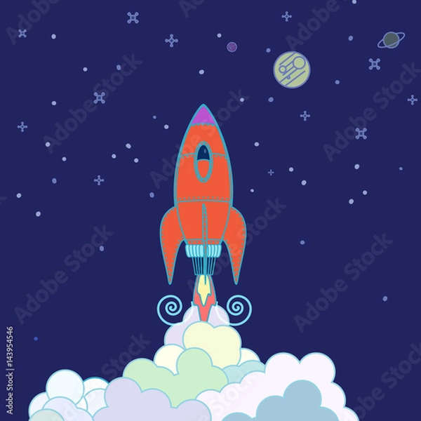 Fototapeta Rocket breaking through the clouds on the edge of space with the moon and stars and planets above.