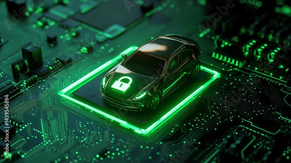 Fototapeta Conceptual Illustration of Car Cybersecurity Protection on Futuristic Digital Circuit Board with Glowing Green Light

