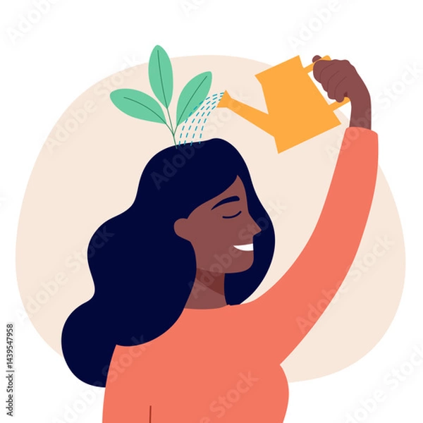 Fototapeta Happy woman watering seeding in brain improving creativity thinking. Self care. Mindset and mental growth.