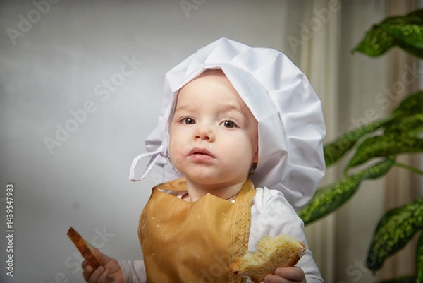 Fototapeta Young boy in a chef's hat poses thoughtfully in a cozy studio setting during a playful photo shoot