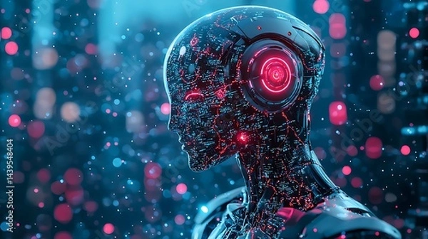 Fototapeta Futuristic Robot Head with Digital Circuitry and Neon Lights in a Sci-Fi Environment