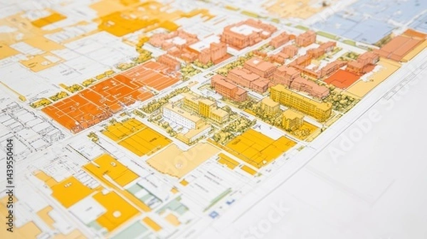 Fototapeta Colorful Urban Planning Map Showing Residential Commercial and Green Spaces in City Layout