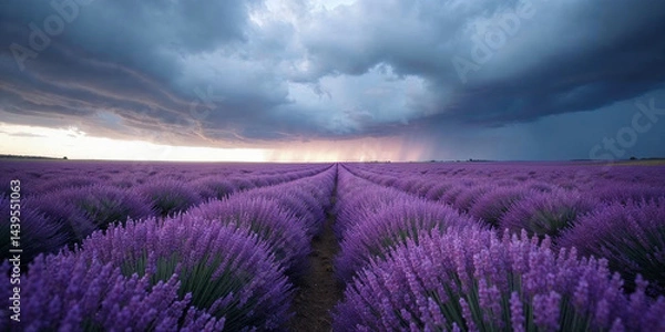 Fototapeta Summer storm clouds rolling over lavender field