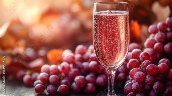 Fototapeta Sparkling ros? wine in a glass with autumnal grapes.