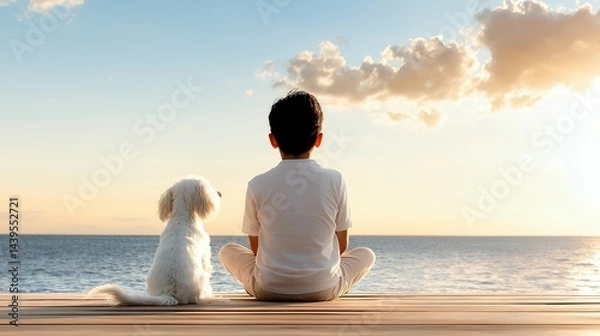 Obraz Boy and Small Dog Sitting on Dock Looking at Ocean View