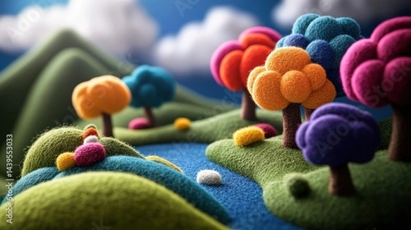 Fototapeta Colorful felt landscape with hills, trees, and a river; whimsical miniature world