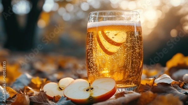Fototapeta Autumnal drink surrounded by fallen leaves and sliced apples.
