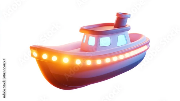 Fototapeta 3D Illustration of a Tugboat on White Background. A stylized tugboat featuring bright lights, suitable for marine-themed projects or animations.