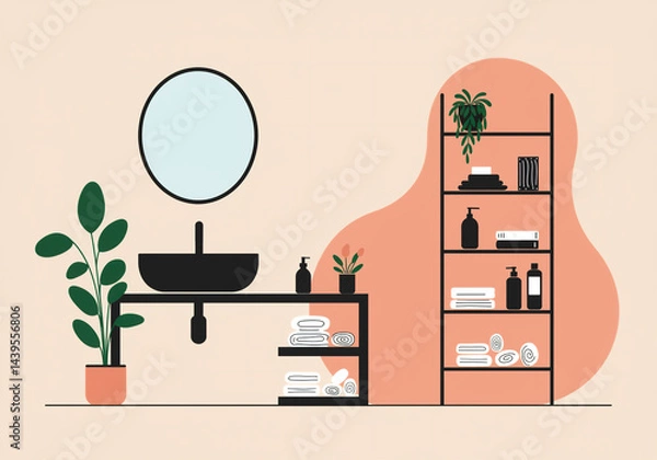 Obraz Minimalist flat illustration of a bathroom with a sink, mirror and shelf with skin care bottles, towels, soap and a potted plant. Bathroom decor, cosmetics. Self-care concept. AI generated