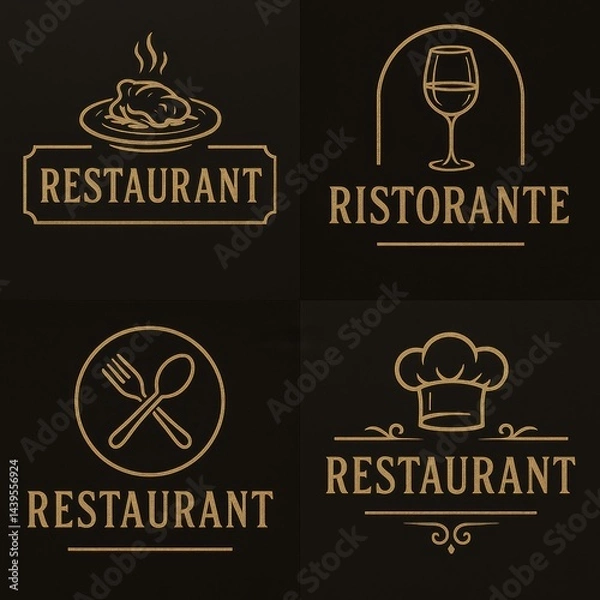 Fototapeta A collection of elegant, modern restaurant logos featuring diverse food elements, combining high-end designs with a sophisticated vintage feel.