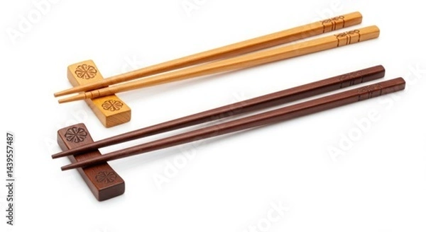 Fototapeta Two pairs of wooden chopsticks with chopstick rests on white backdrop