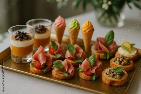 Fototapeta A close-up shot of an elegant, gourmet catering tray filled with luxurious finger foods.