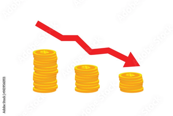 Fototapeta Financial decline with red arrow and decreasing coins. Loss and economic downturn concept. Vector flat design isolated