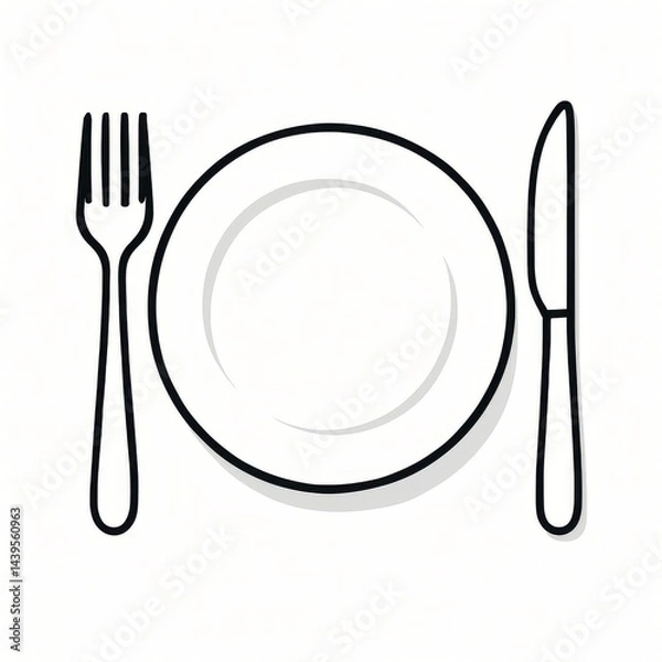 Fototapeta A clean and minimalist illustration of a plate with a fork and knife arranged symmetrically on either side.