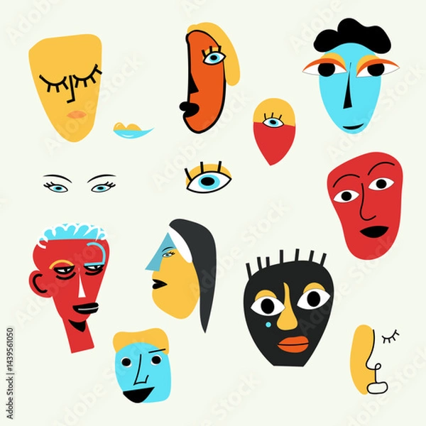 Fototapeta collection of abstract memphis style faces and characters, surreal shapes, bold outlines, quirky and artistic, vector flat illustration on white backgroun