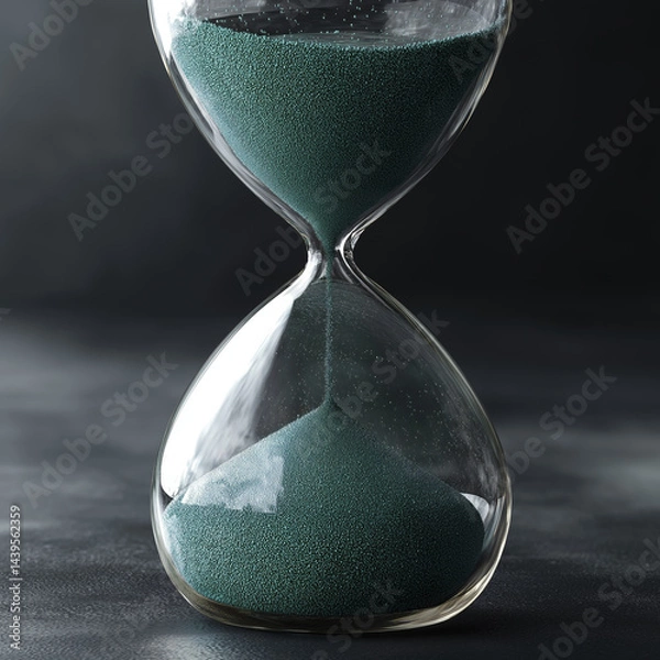 Fototapeta Hourglass with green sand symbolizes passage of time, evoking sense of reflection and urgency